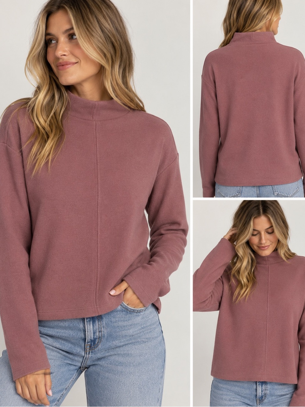 Women’s Mock Neck Pullover Sweater - Dusty Mauve